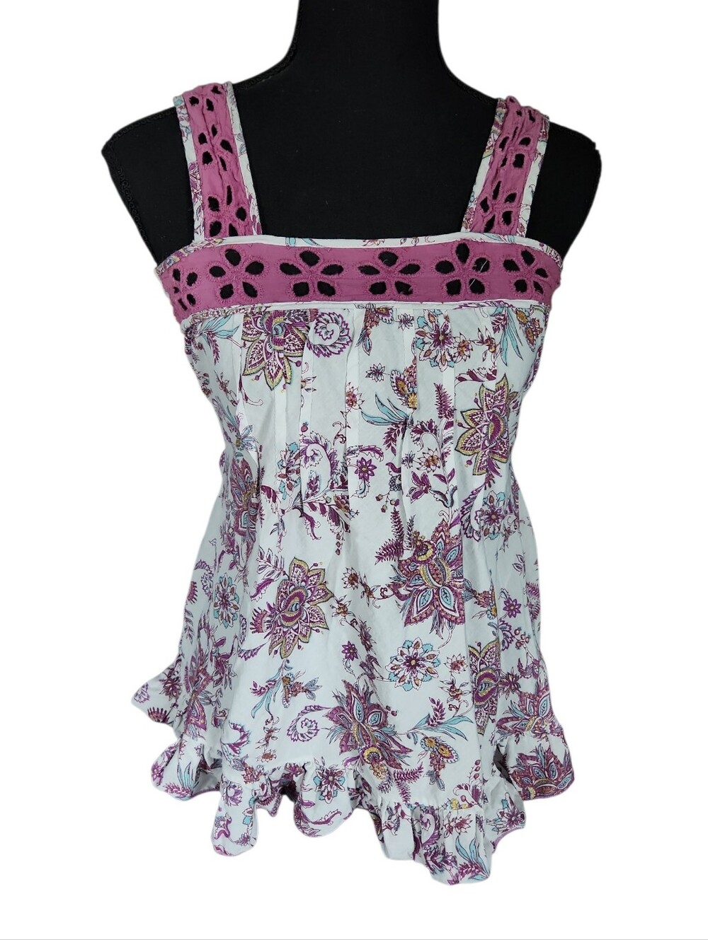 Y2K Daytrip Babydoll Eyelet Ruffle Tank Coquette Cottagecore Sz S